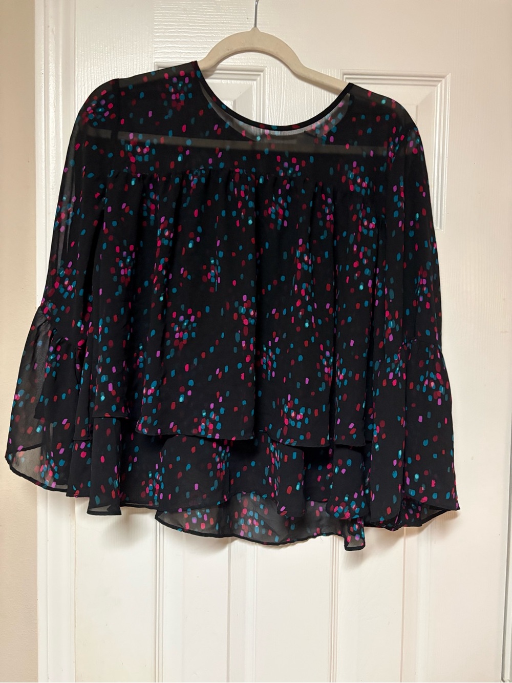 A New Day Black Confetti Polka Dot Layered Ruffle Blouse Top Large